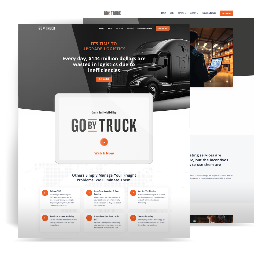 Go By Truck website redesign showcasing streamlined user interfaces, clear navigation, and enhanced functionality for seamless logistics connections.