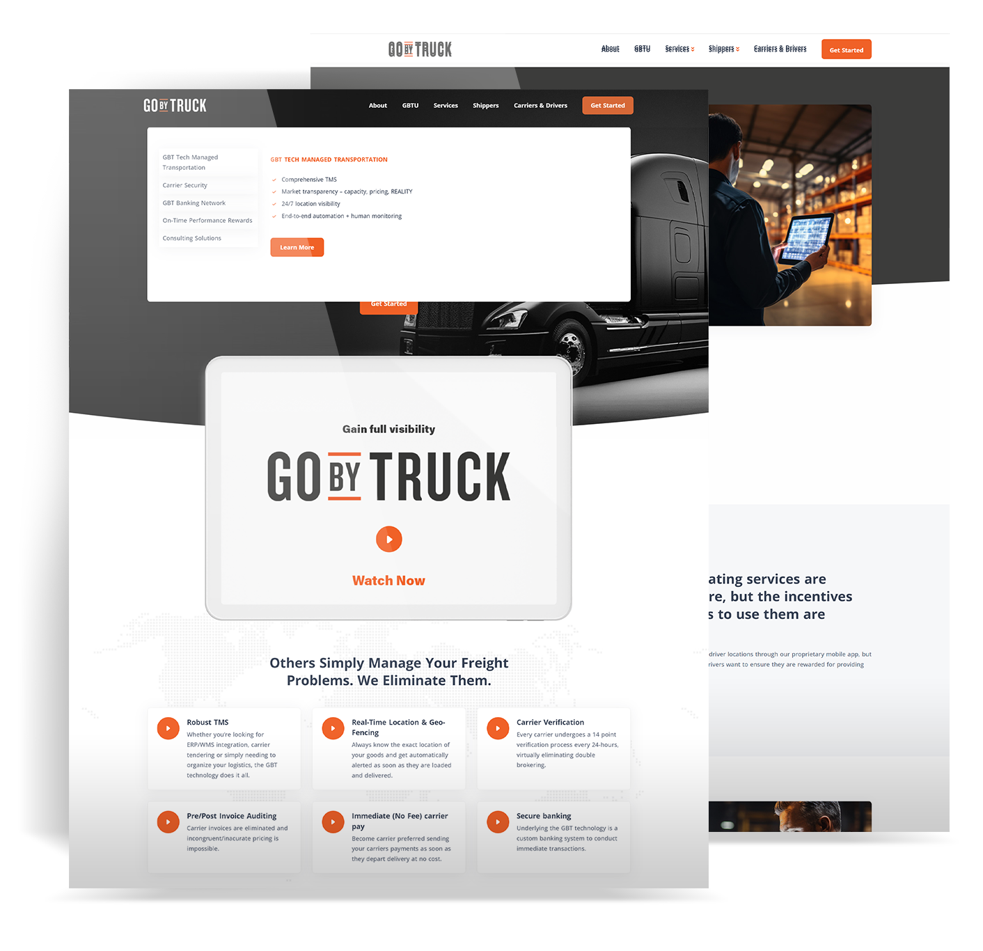 Go By Truck website design with its expanded service menu, explainer video, and grid of logistics features