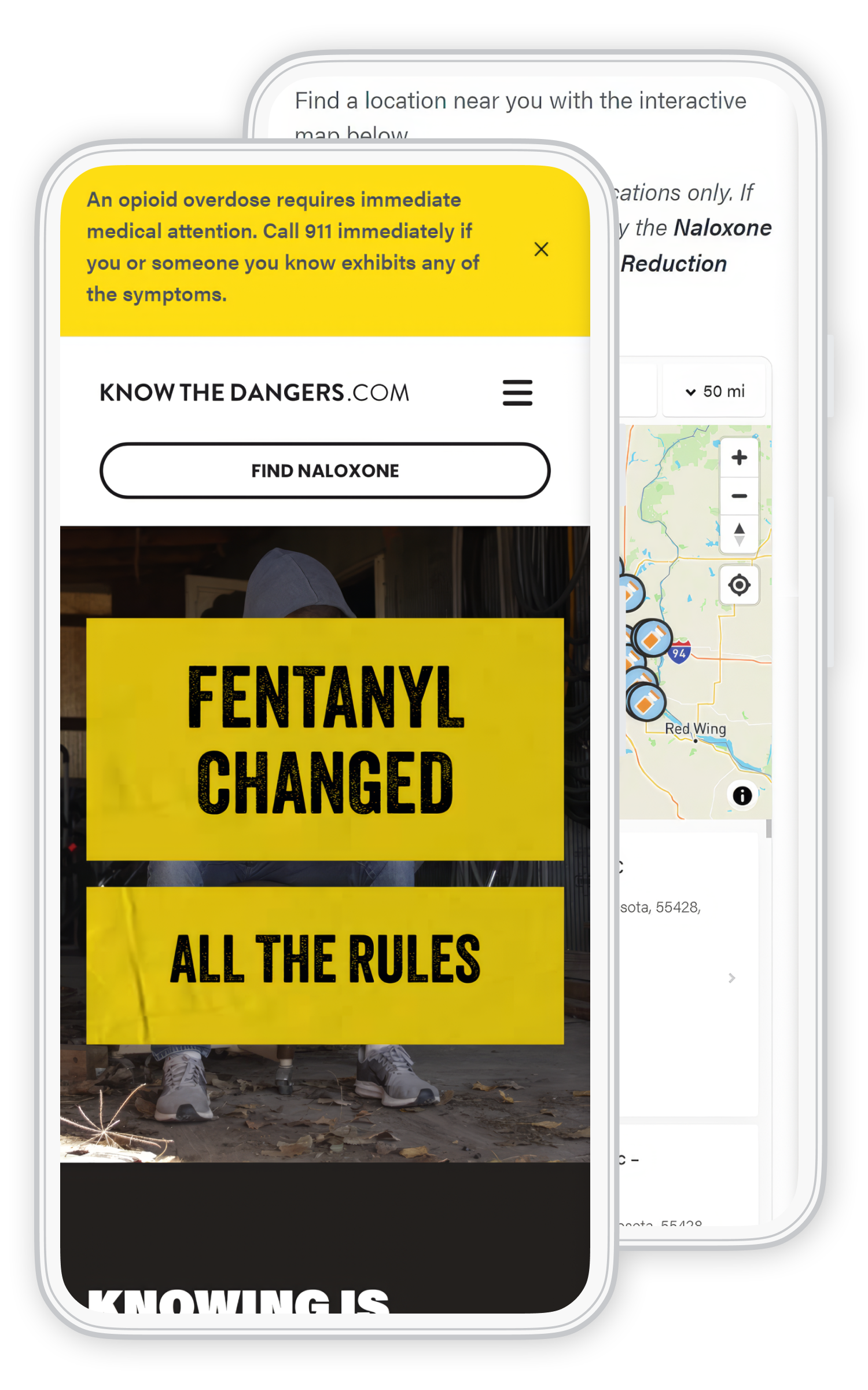 Know the Dangers mobile mockup showing the Find Naloxone action and location finder on two phone screens