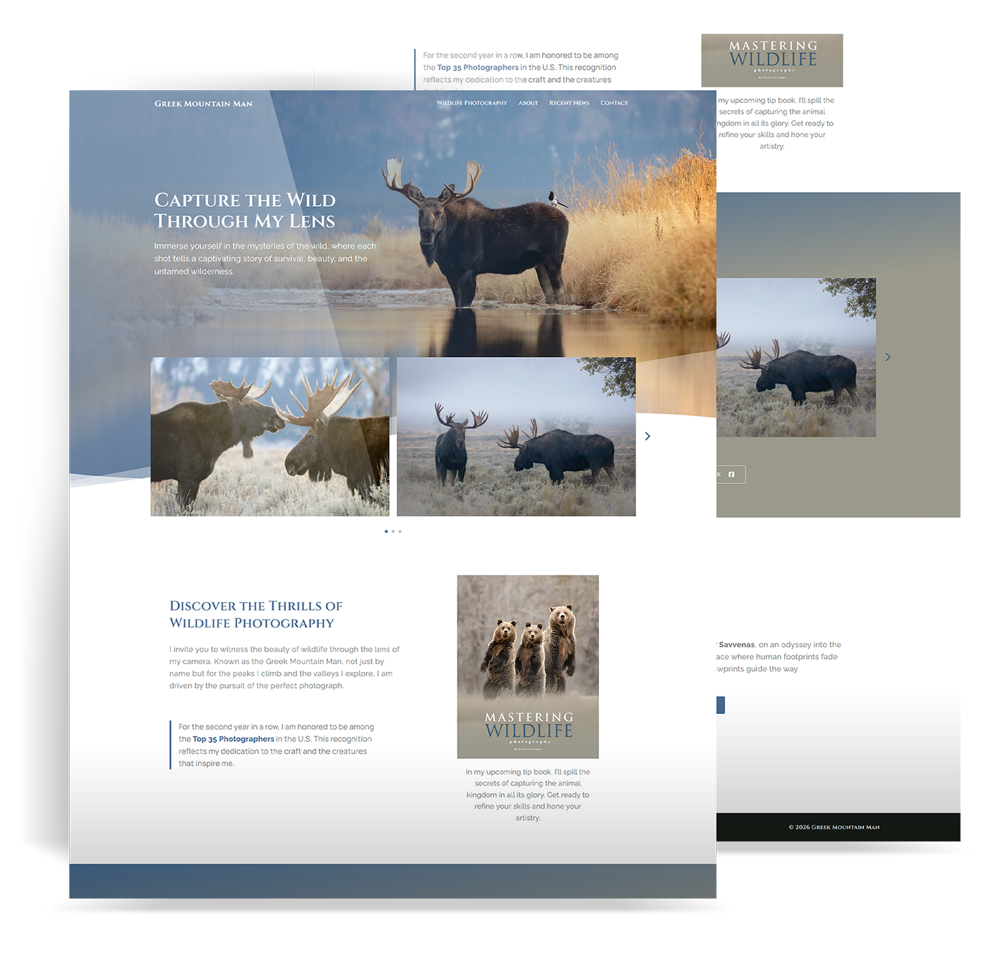 Original Greek Mountain Man website composite with moose hero, separate content panels, and photography and book sections