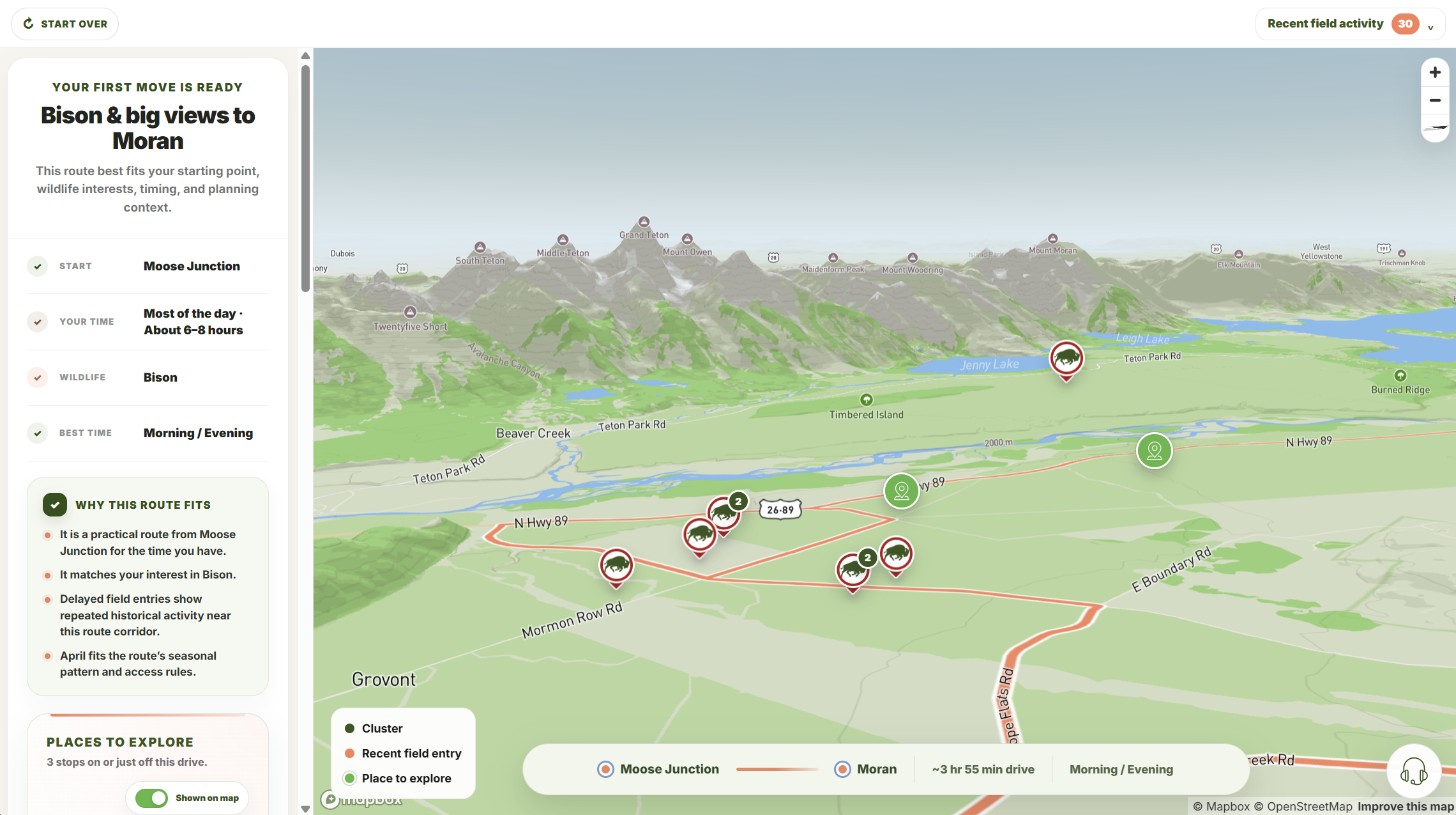 Current Where The Wild Beasts Roam route planner showing a suggested bison route, why the route fits, field entries, and places to explore