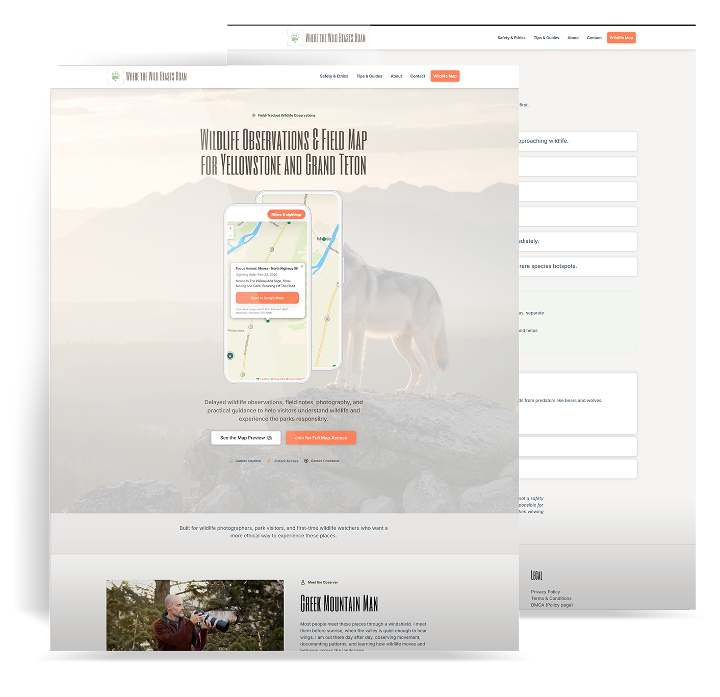 Earlier Where The Wild Beasts Roam website showing a map-first homepage and safety page