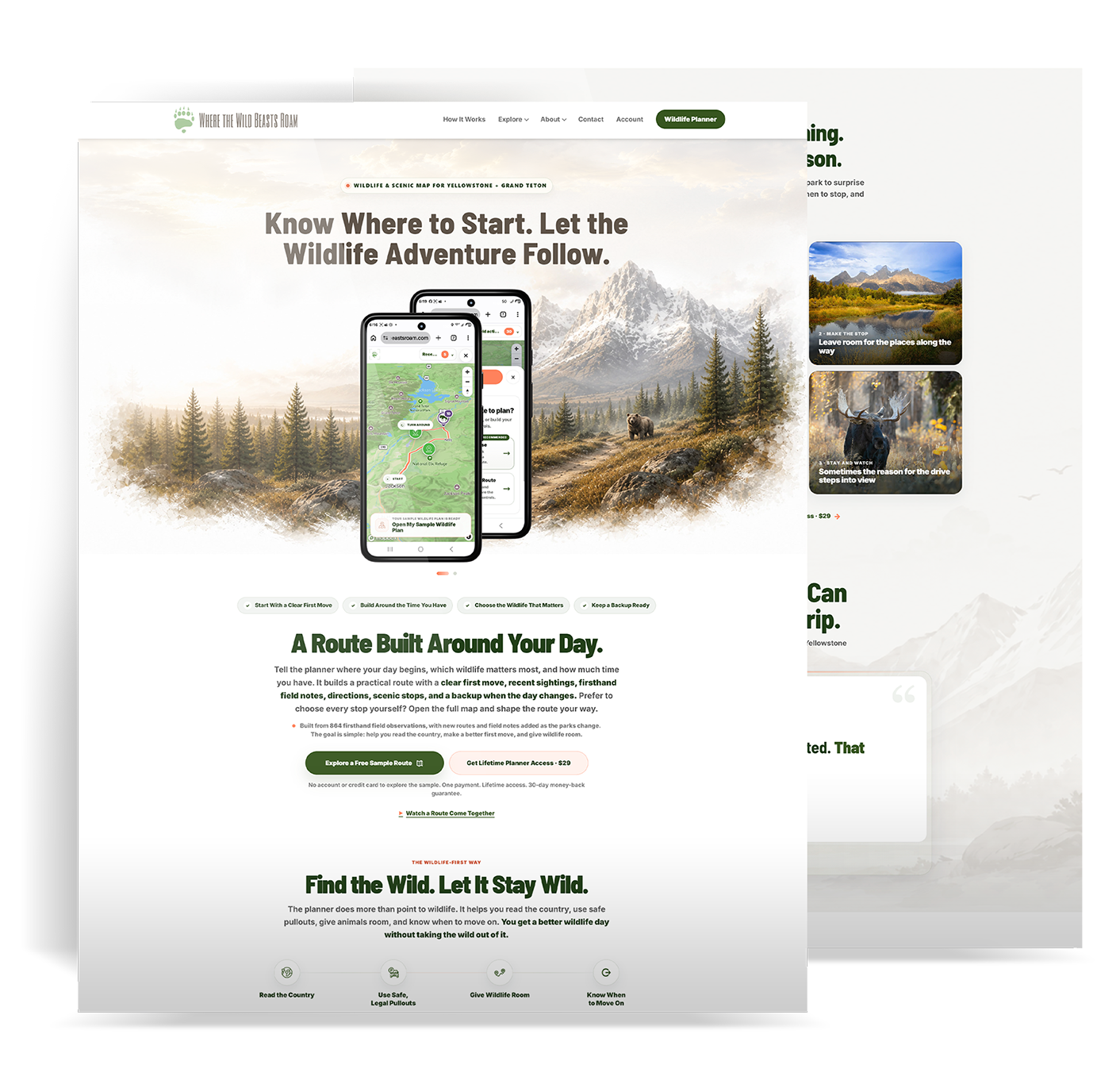 Current Where The Wild Beasts Roam website showing a route-first homepage and wildlife-planning content