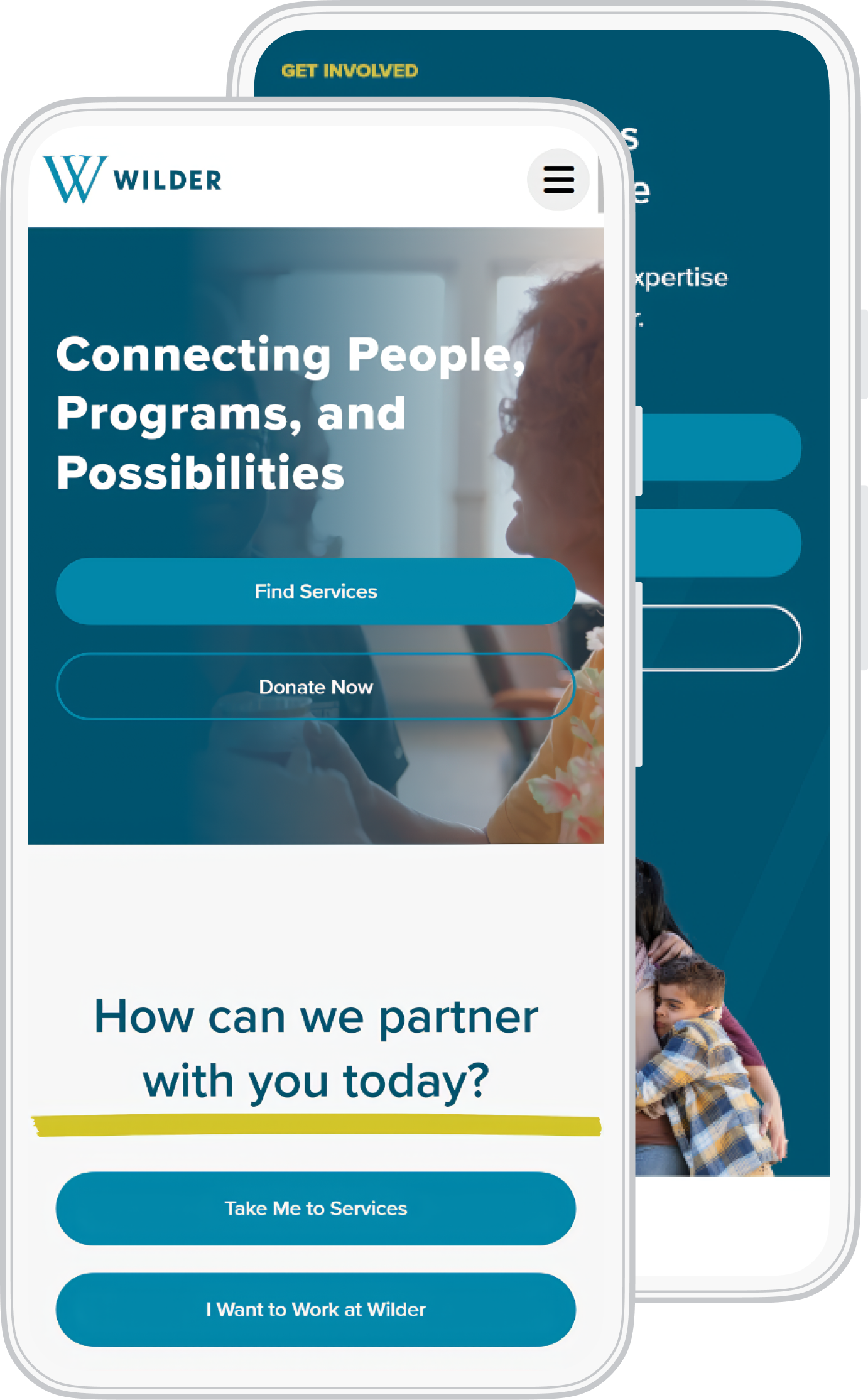 Wilder’s redesigned mobile website showing Find Services, Donate Now, and task-based next steps on two phone screens