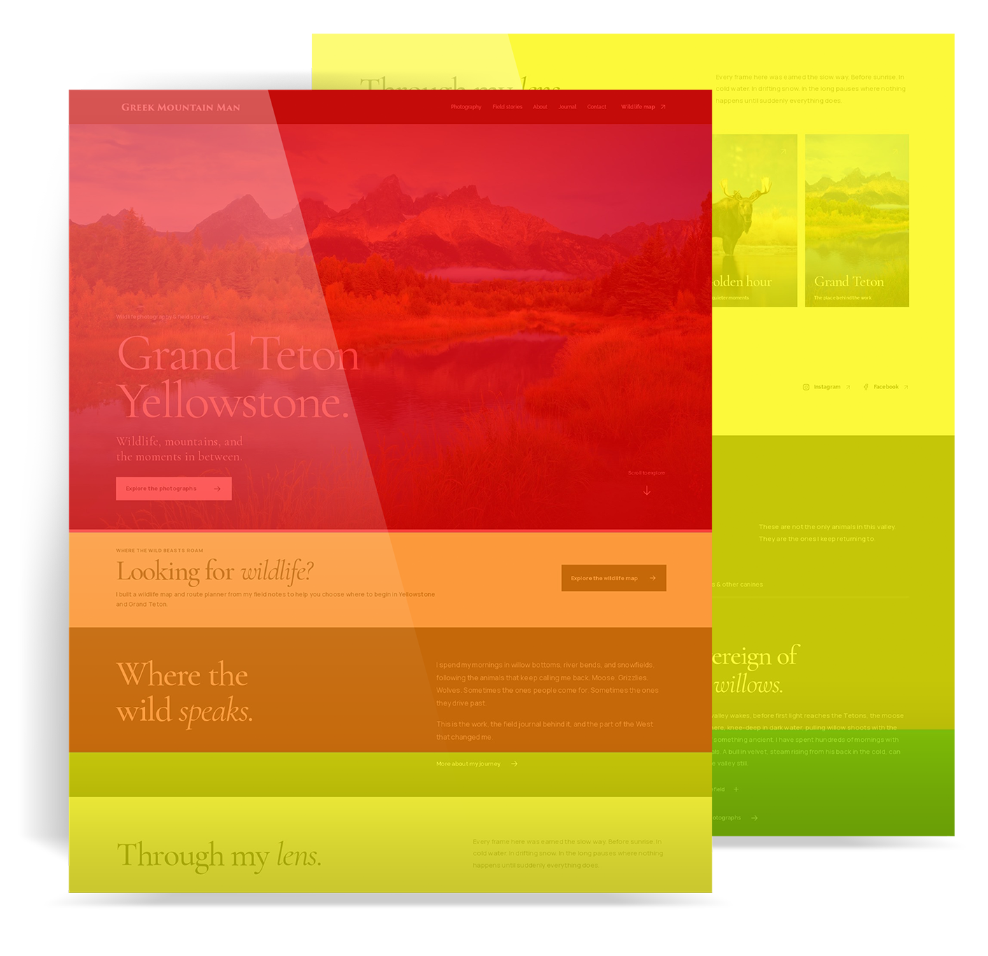 Greek Mountain Man homepage scroll-map screenshot, with warm red bands toward the top and yellow lower on the page
