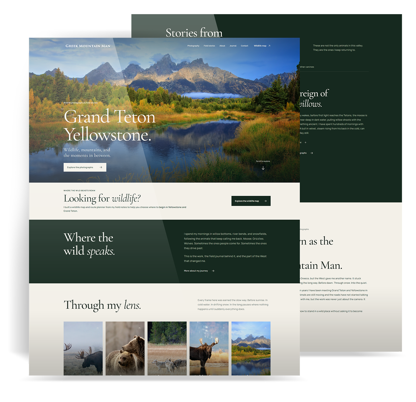 Greek Mountain Man redesigned desktop website screenshot composite with mountain photography and a photo-led page layout