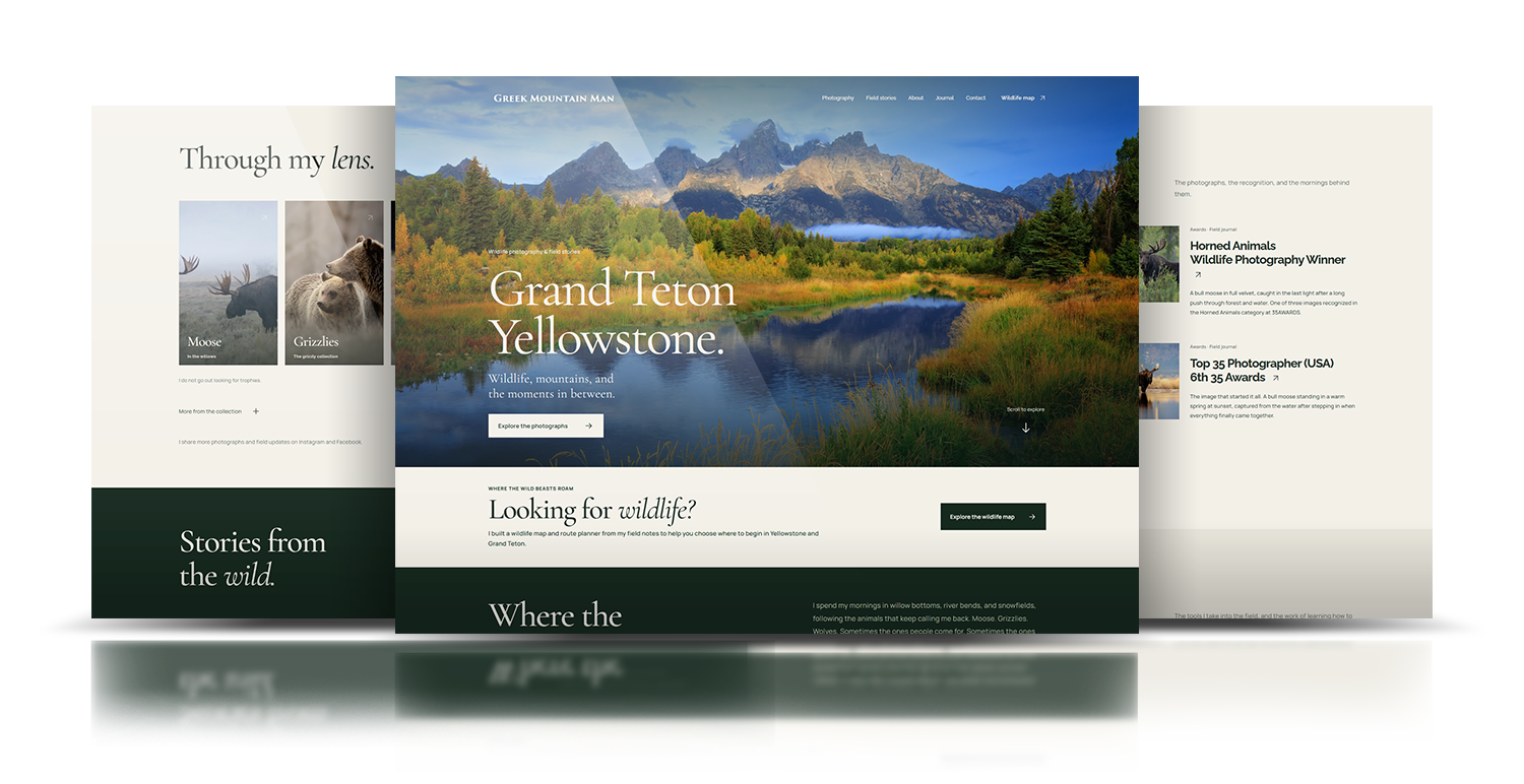 Three website screens from the Greek Mountain Man redesign, showing the photography homepage, image collection, and green editorial sections